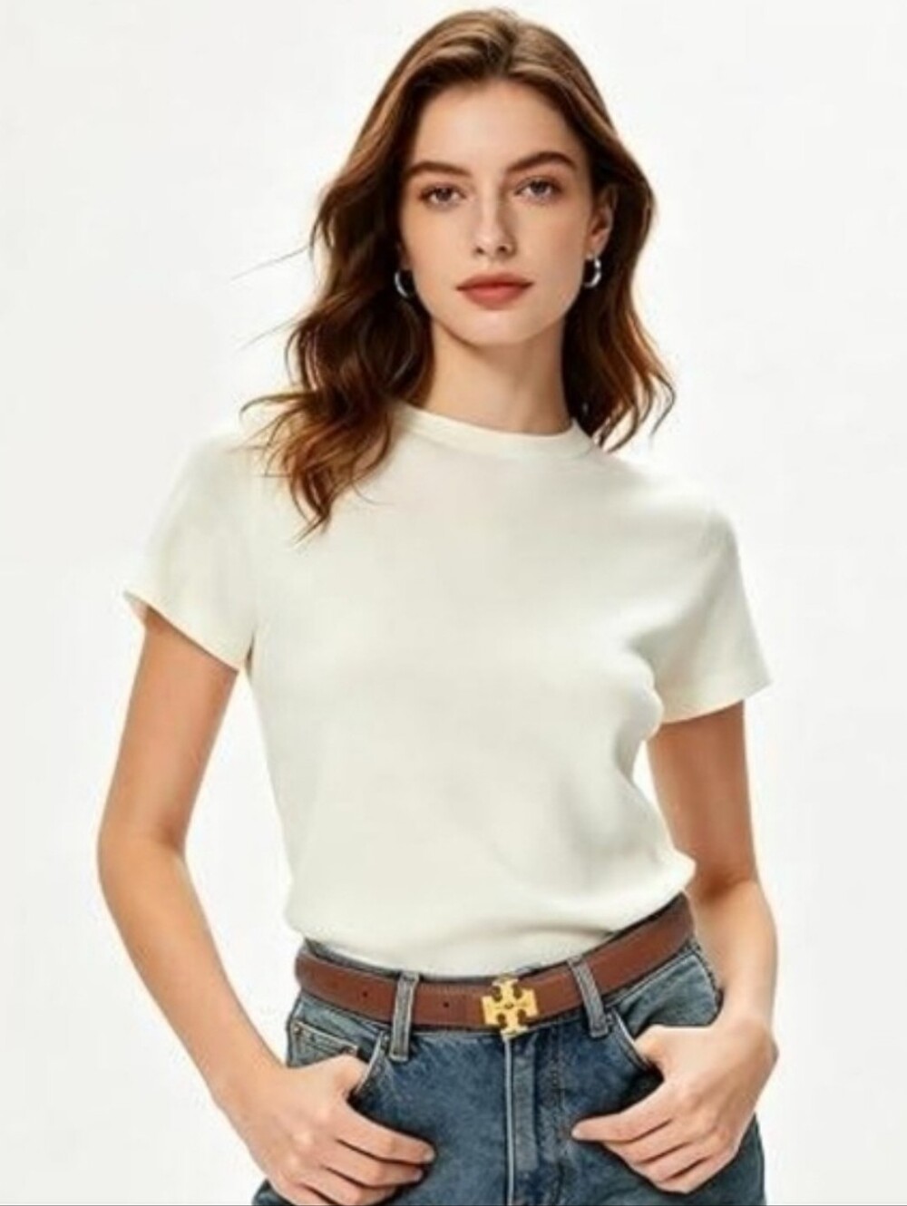 Tory Burch Brown Leather Belt with Gold Logo Buckle Fits 28"- 34"